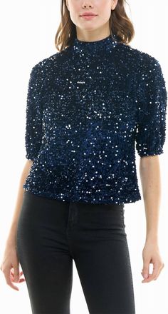 Nicole Miller Ava Velvet Sequin Short Sleeve Top In Navy