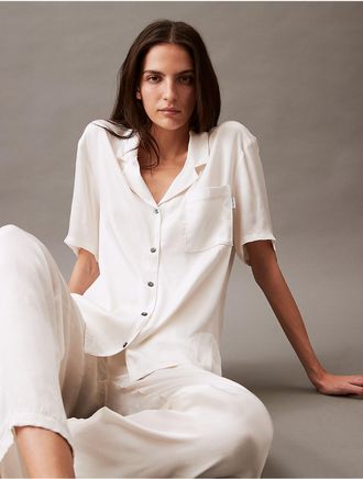 Calvin Klein Womens Pure Sheen Button-Down Sleep Shirt - White - XS