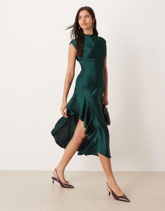 Ghospell Vestito midi accollato in raso verde smeraldo con spacco sulla coscia e volant sul fondo