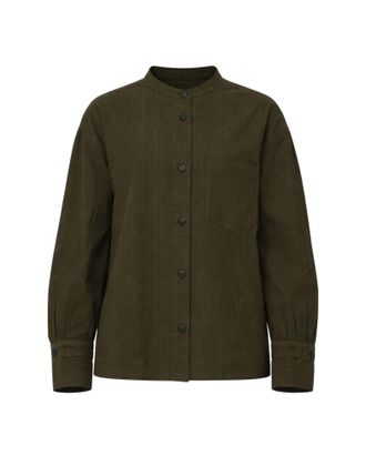 Pomandere Military Green Striped Cotton Loose-Fit Shirt