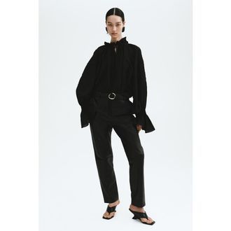 H&M Linen-blend blouse with embroidery in Black at Nordstrom, Size X-Small