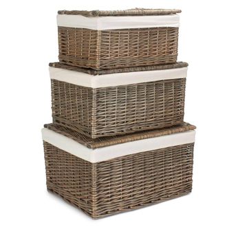 Red Hamper Wicker Set of 3 Small Antique Wash Cotton Lined Storage Basket in Brown
