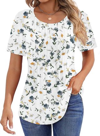 Generic Womens Casual Short Sleeve T-Shirts Crew Neck Summer Puff Short Sleeve Blouses Pleated Tunic Casual Tee