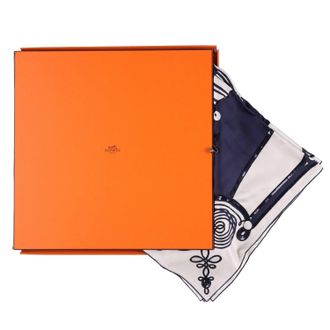 Herm&egrave;s Brandebourgs Tattoo Carr&eacute; 90 Silk Scarf - Navy and White