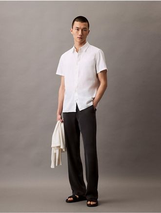 Calvin Klein Mens Linen Cotton Short Sleeve Classic Button-Down Shirt - White - 2XL