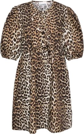 Ganni Jurk met Luipaardprint en Strikdetail - Dames - Korte kleedjes - Veelkleurig - 2XS - Katoen - Kleedjes