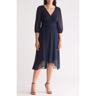 DKNY Puff Sleeve Faux Wrap Midi Dress in Midnight N at Nordstrom Rack, Size 10