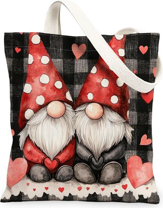 Generic Romantic Valentines Day Gnome Canvas Tote Bag for Shopping 13x15, Country Plaid Love Heart Reusable Grocery Print Bag for Women, Holiday Beach Aesthet