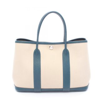 Herm&egrave;s Beige Green Natural Toile Chevron Leather Tote Bag (Pre-Owned)