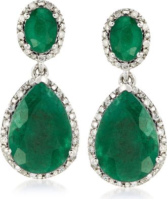 Ross-Simons Emerald and. Diamond Drop Earrings in Sterling Silver