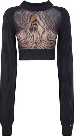 Jean Paul Gaultier Geribbelde Cropped Sweater met Mesh Uitsparingen - Dames - Ronde hals truien - Zwart - M - Truien & Vesten