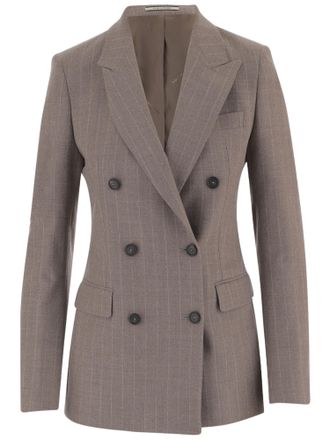 Tagliatore Beige Stretch Wool Pinstripe Double-Breasted Blazer