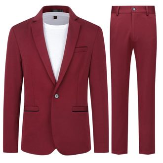 AlltheMen Mens 2 Pieces Suit Casual 1 Button Dress Suits Solid Color Stylish Wedding Dress Suit Red 3XL