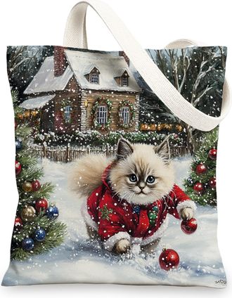 Generic Christmas Ragdoll Cat Canvas Tote Bag for Shopping 13x15, Winter Snow Xmas Animal Reusable Grocery Print Bag for Women Men, Holiday Pet Aesthetic Pain