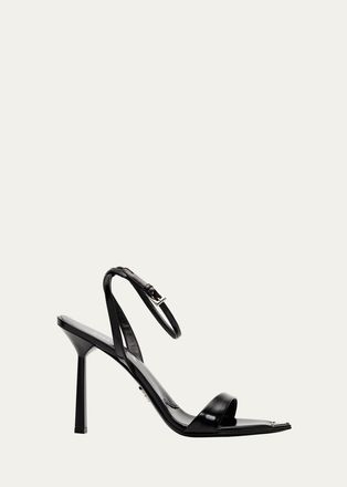 Prada 100mm Triangle Logo Leather Ankle-Strap Sandals
