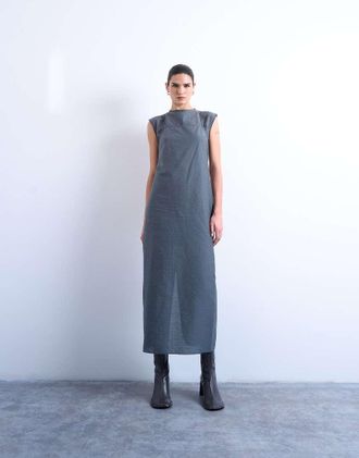 Topshop Vestito lungo a maniche corte a strati con spalline sottili grigio ardesia-Nero