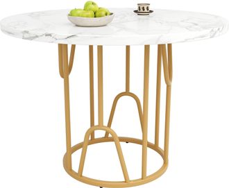 STILVORA Mesa De Comedor Redonda En Mdf Y Metal Con Motivo Marmoleado, Patas Ajustables Y Marco De Metal - 80&times;80&times;76 Cm, Dorado