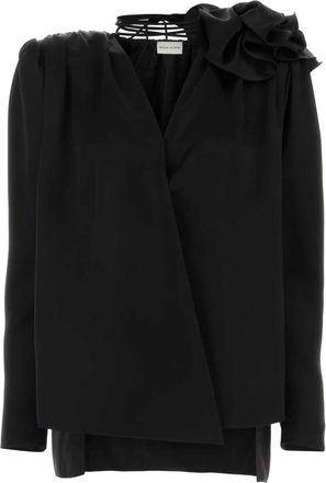 Magda Butrym Klassieke bloes met geplooide bloemen - Dames - Blouses - Zwart - XS - Overhemden