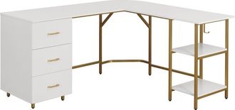 Techni Mobili L-Shape Home Office Two-Tone Desk with Storage, Gold