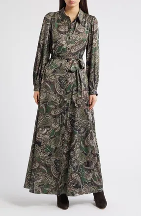 Julia Jordan Paisley Long Sleeve Maxi Shirtdress in Green Multi at Nordstrom, Size 12