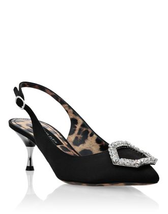 Philipp Plein Satin Decollete Slingback Low Heels Crystal Hexagon
