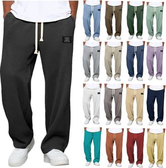 Generic Waffle Trousers Men Straight Legs Casual Jogging Bottoms Elastic Waist Drawstring Baggy Wide Leg Sweatpants Plain Ribbed Lounge Pants Loose Sports Tro