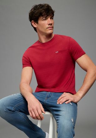 Bruno Banani T-Shirt BRUNO BANANI, Herren, Gr. 4XL (68/70), bordeaux rot, Single Jersey, Obermaterial: 100% Baumwolle, meliert, slim fit h&uuml;ftlang, Rundhals, gerade