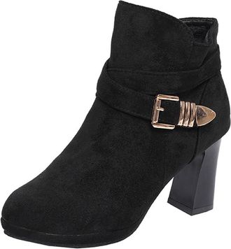 Generic Womens Round Toe Chunky Heel Ankle Boots Fashion Buckle Strap Decor Side Zipper Winter Casual Pumps Shoes (Black,5.5)