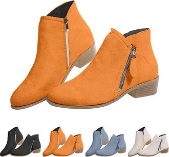 Generic Womens Low Block Heel Boots Side Zip Boots Women Slip On Ankle Boot Ladies Party Booties Chelsea Style Bootie Low Heel Outdoor Boot Round Toe Casual B