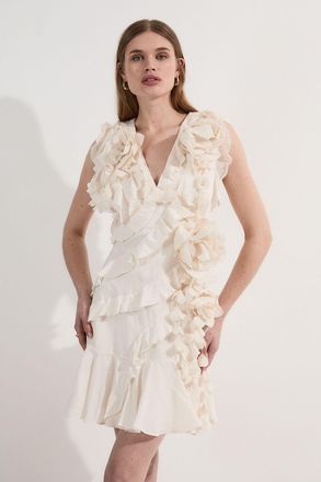 Karen Millen Womens Embellished Ruffle Woven Mini Dress - White Viscose - Size 10 UK