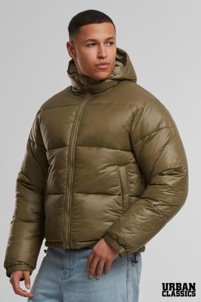 Urban Classics Mens Khaki Shiny Padded Puffer Hooded Zip Jacket - Size X-Large