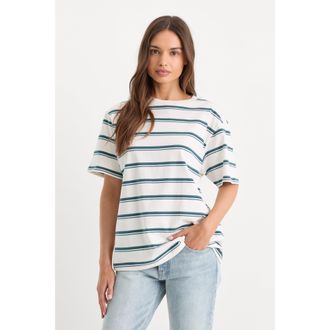 Good American Womens The OverSized T-Shirt | Harbor Stripe Cloud White, Size Medium | Good American by Khlo&Egrave; Kardashian