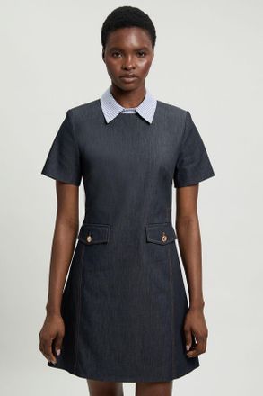 Karen Millen Womens Tailored Denim Piping Detail A Line Mini Dress - Indigo Blue Cotton - Size 10 UK