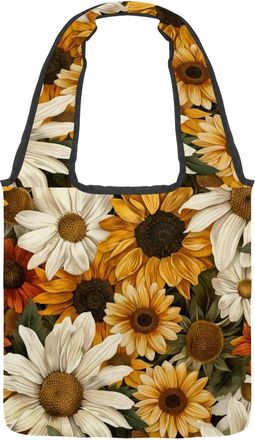 Generic Yellow White Sunflowers Reversible Canvas Shoulder Tote - Double-Sided Print, 12oz Cotton, 27cm Drop, Fold-Flat Bag for Travel, Shopping, Street Outin