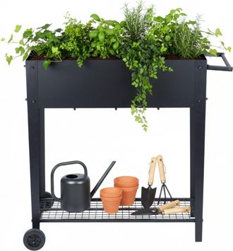 Relaxdays Relaxdays Jardinera Elevada Con Estante Y Ruedas, Para Jard&iacute;n, Balc&oacute;n Y Terraza, 80 X 85 X 50 Cm, Negro