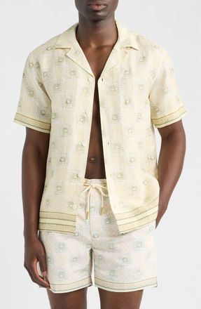 CH&Eacute; Studios Tehla Tile Print Linen Camp Shirt in Ecru- 17 at Nordstrom, Size Xx-Large