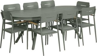 Sweeek Oval extendable garden table 220/280cm aluminium + 8 armchairs khaki green - Metora + Fira