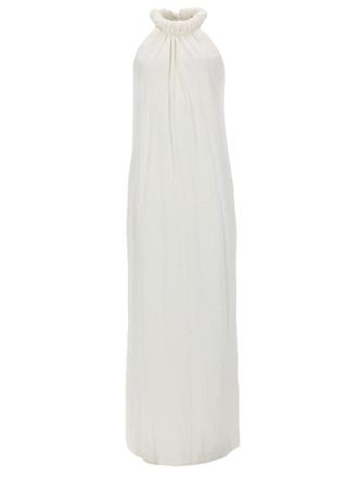 Nude Gathered High Neck Cotton Maxi Dress
