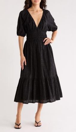 NSR Eyelet Shirred Midi Dress in Black at Nordstrom Rack, Size X-Large