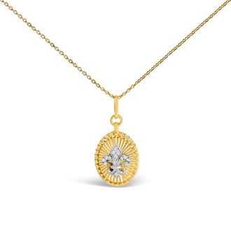 House of Brilliance 10K Yellow Gold Diamond Accent Fleur de Lis Fluted Medallion Pendant Necklace