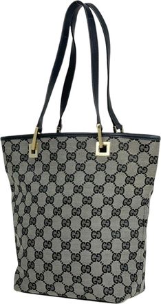 Gucci Gg Canvas Black Gray Gg Canvas Leather Handbag Tote Bag (Pre-Owned)