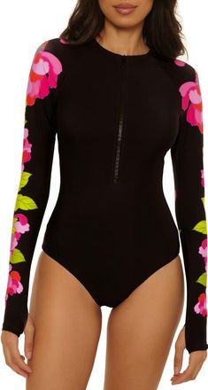 Trina Turk Bougainvillea Long Sleeve UPF 20+ One-Piece Rashguard Swimsuit in Multi at Nordstrom, Size X-Small
