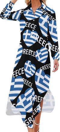 Generic Greek Flag Printed Shirt Dresses for Women Button Down Long Sleeve Slit Maxi Dress M