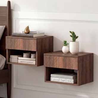 Jonathan Y Designs Ettore Mid-Century Modern Floating Wall Mounted Nightstand with Soft-Close Drawer and Cable Hole in Dark Brown -(Set Of 2) at Nordstrom