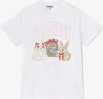 Ganni White Animals Print T-shirt - Size XXS Organic Cotton