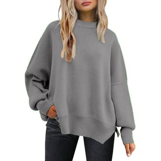 Generic Womens Lightweight Jumpers Solid Color Pullover Womens Solid Color Fashion Casual Loose Knitted Split Round Neck Pullover Sweater Jumpers for Women (G