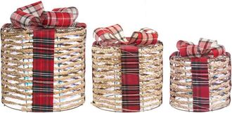 Beliani Conjunto De 3 Decoraciones Regalos De Navidad Con Luces Led Blancas C&aacute;lidas Con Lazos Adornos Festivos Para Interior Plateado Beige Vejlen