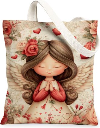 Generic Floral Angel Canvas Tote Bags, Vintage Heart Pattern Reusable Grocery Bags, Spring Romantic Chic Lightweight Washable Shoul, Peach, 13x15 Inch