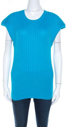 Escada Blue Cotton Ribbed Knit Crew Neck Top