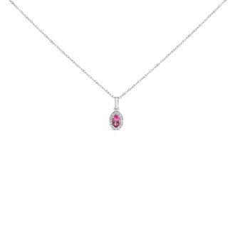 House of Brilliance 10K White Gold 5x3mm Pink Tourmaline and Diamond Accent Halo Oval Shape Pendant Necklace